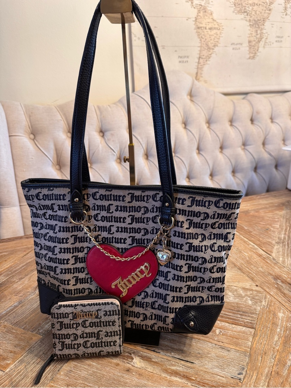 Juicy Couture Black & Cream Logo Tote with Pink Heart Charm and Wallet
